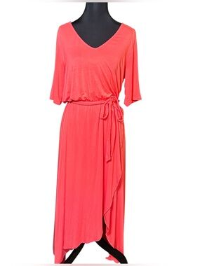 Lands’ End Coral Red V-Neck Wrap Maxi Dress M 10-12